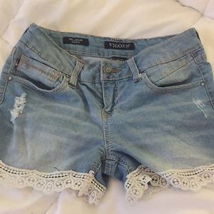 VIGOSS lace distressed jean shorts